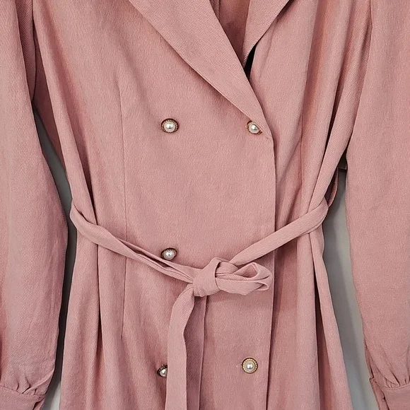 Elegant Salmon Pink Corduroy Double Breast Puff Sleeved Mermaid‎ Hem Dress - Picture 3 of 14